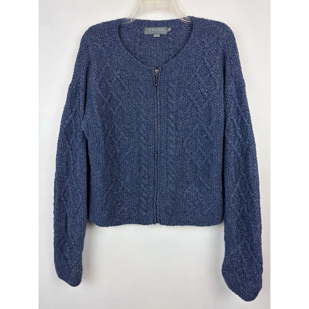 Icelandic Design Cardigan Sweater Womens Medium Full Zip Blue Cable Knit Crop